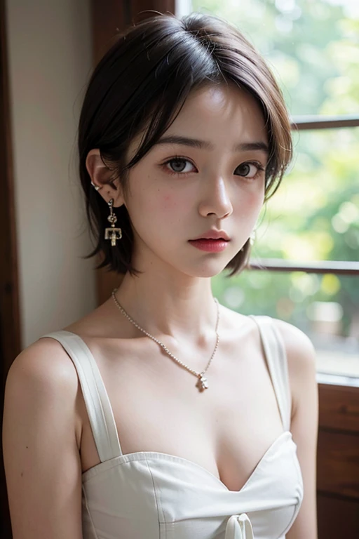 ((SFW: 1.4)), ((Detailed face,  Professional photography)), ((SFW, Corset Top, Earrings, necklace,, Super Short Hair, side lock hair, 1 Girl)), Ultra-high resolution, (Realistic: 1.4), RAW Photos, Highest quality, (PhotoRealistic Stick), concentrated, Soft Light, (()), ((Japanese)), (( (Young Face))), (surface), (Depth of written boundary), masterpiece, (Realistic), woman, bangs, ((1 Girl))