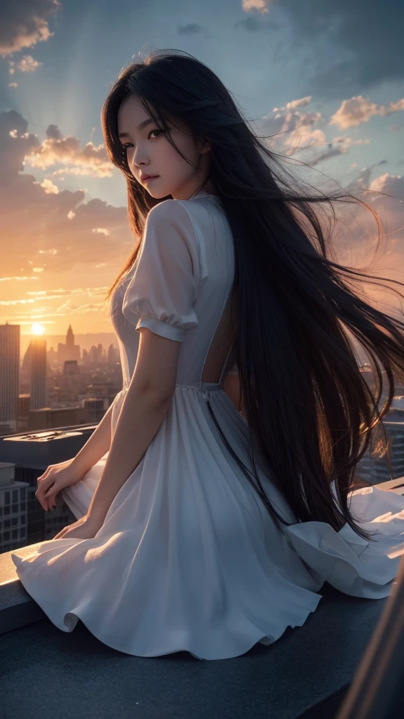 “A high-resolution, dynamic landscape scene from a bird’s-eye view, featuring a long-haired black-haired beauty sitting on the rooftop of a skyscraper, looking down. Her hair floats in the wind, and she is seen from behind. The scene captures a cityscape with tall buildings, under a vast sky with clouds and a sunset. The image should have detailed, movie-like lighting and colors.”