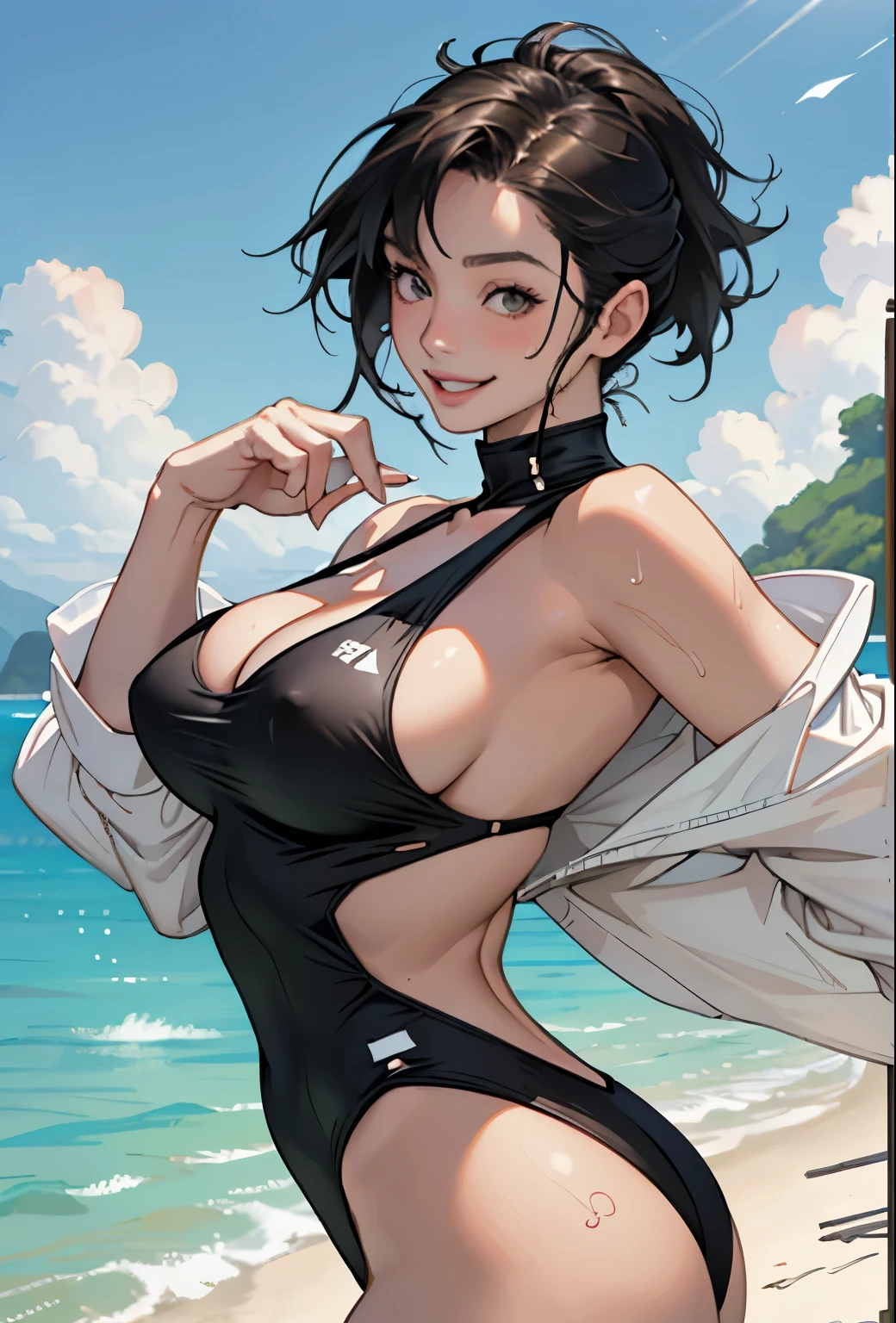 Realistic、Face reality、With a girl、Swimwear、Sexy smile、My breasts have gotten a little bigger、Sexy pose、From the front it looks like a one-piece, but from the back it looks like a mono bikini、