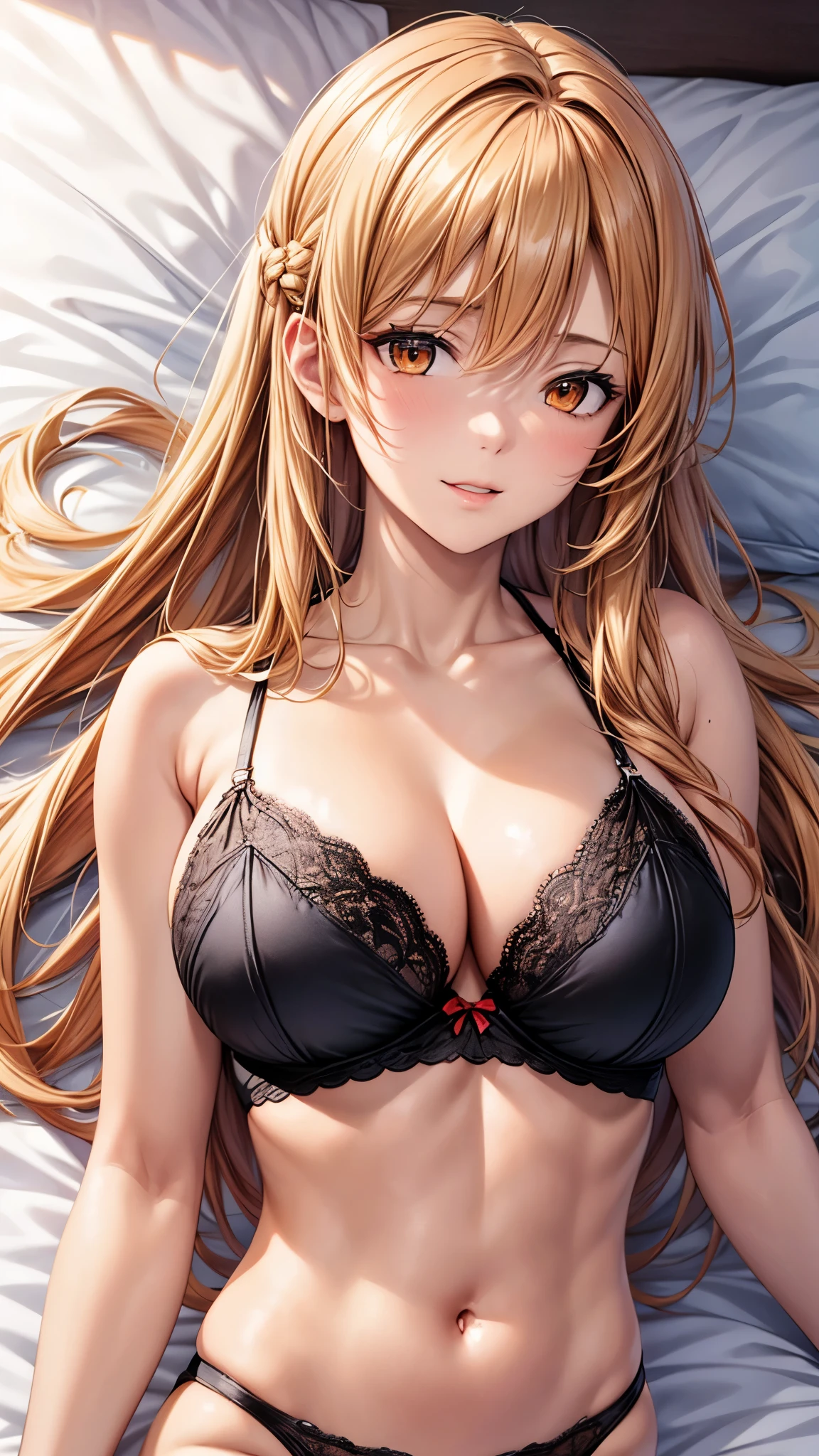 masterpiece,(Highest quality, High resolution, Realistic), (Upper Body:1.4),Focus on the face,Portraiture,from below, (focus on face:1.4),Elegant mature woman, Long Straight Hair,(Crown Half Up),Orange eyes,Orange Hair, slender,(arm behind head),Aesthetic Anime Eyes,Large Breasts, Ultra-detailed CG 8k, Beautiful CG, Soft Light,smile,Black underwear,(on back:1.2),On the bed,White sheets,背景はWhite sheets,White pillow,(Lying in bed:1.3),