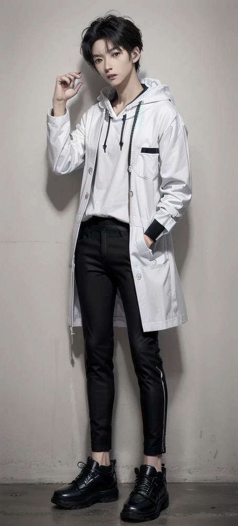 young asian man, Japanese idol style, short clean-cut hair,((fist hands)) , ((center part)), (crisp white lab coat:1.3), ((black hoodie underneath:1.7)), (black pants:1.7), (black shoes:1.7), calm confident expression, explaining pose, plain white background, mid-shot portrait, full body view, high quality, detailed, 8K, (realistic skin texture:1.2), (sharp focus:1.1), (contrast between white coat and black clothing:1.2)