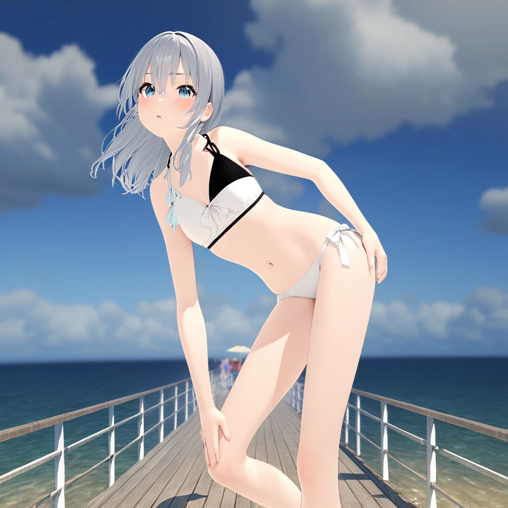 anime girl in a bikini on a pier by the ocean, realistic bikini, clothing: bikini, 3d anime girl, render of a cute 3d anime girl, Smooth anime CG art, Pause, , フルPause, Live2D Virtual Youtuber Model, in the sea, Wearing a swimsuit, 淫らなPause, ビーチでPauseをとる