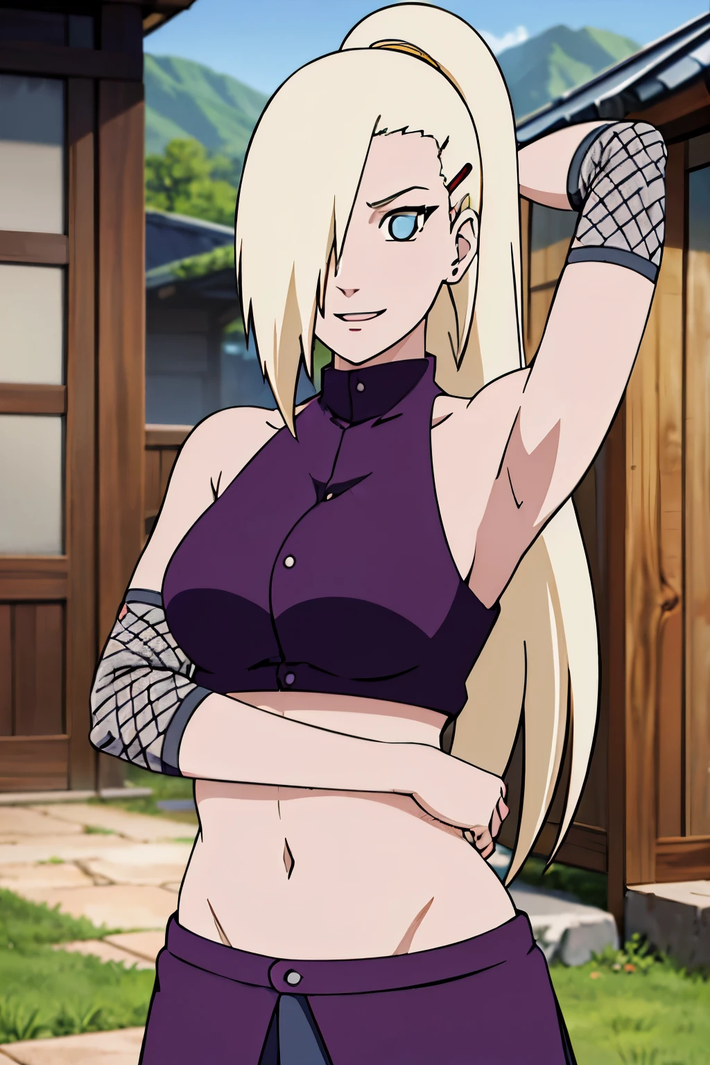 (posing for viewer), Ino yamanaka, looking at the viewer, attractive, cowboy shot, ultra detailed face, sunny day, day time, upper body view, anime style, solo, detailed home, blonde, (focus on face), ((one eye covered with hair, hair over eye)), medium breasts, belly button, looking at the viewer, thick arms, (off-shoulders, wide shoulders, curving body), hidden eye, smile, open mouth, very happy, tall, hair clip, sharp look, sharp face, sharp eye, cold colors,