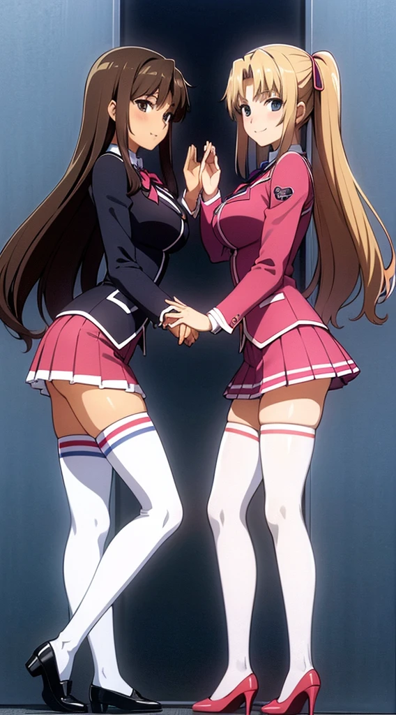 Masterpiece, high quality, 2girls, duo, identical twins, identical sisters, brown hair, curly hair, matching hairstyles, hazel eyes, medium sized bust, (school uniform, sexy school uniform, blazer, lace section, ribbon, rainbow short skirt, white thigh-high socks, black high heels, matching outfits), smile, flat_colour, full body, seductive pose, Duo pose: From the side angle, people's body curves are beautiful.
hugged from the side