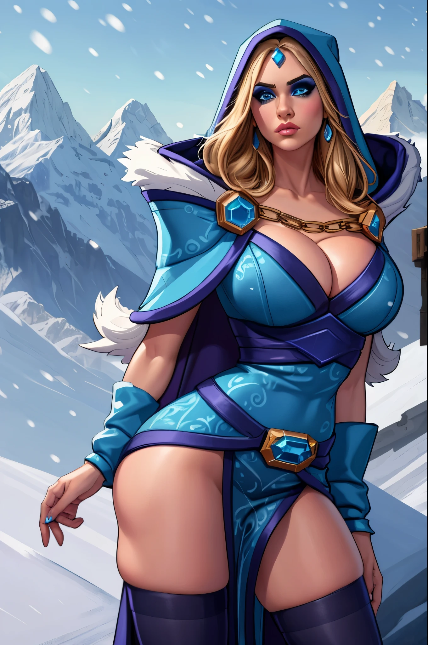 (masterpiece, best quality:1.2), solo, 1girl, crystalmaiden, makeup, serious, looking at viewer, standing, blue dress, hood, fur trim, blue cape, pelvic curtain, arm warmers, black thighhighs, jewelry, cleavage, outdoors, snowing, mountain