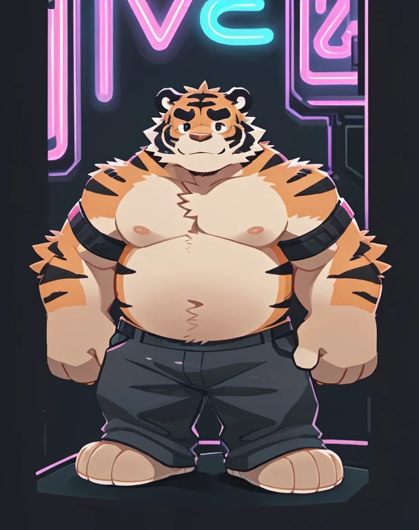 tiger face,Cute face,Humanity(tiger), (without shoes) , Chubby, muscular character, bare chest, (white eyebrows:1.1),(perfect black eyes), simple neon lights on background, simple background, print style。（Artist:Takemoto Arashi ,cyberpunk look,