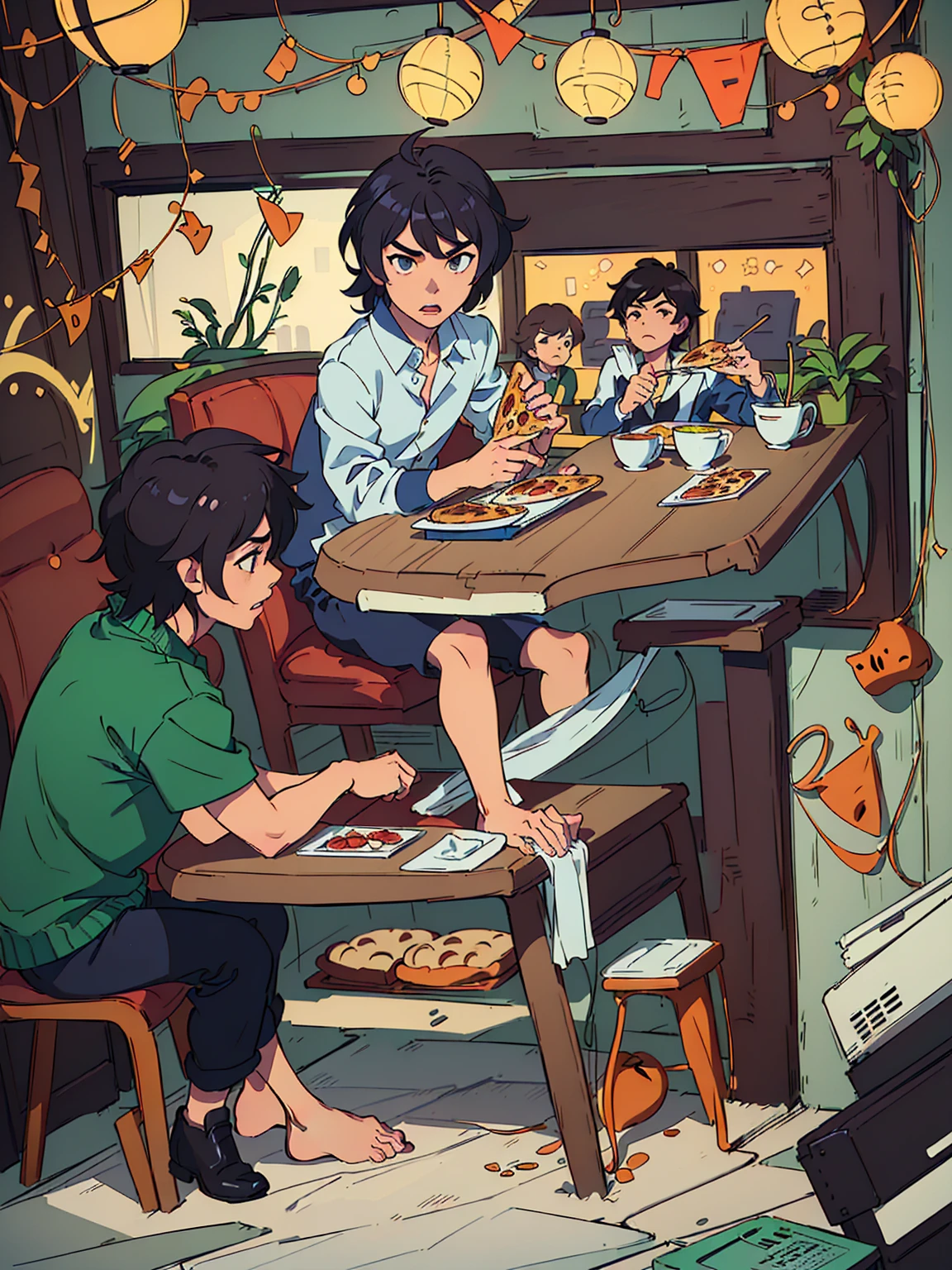 Cartoon scene of a man and a little boy eating pizza in a restaurant, ( ( Shinkai Makoto ) ), commend art, Shinkai Makoto. — 2160 hours, commend, commend artstyle, style of Shinkai Makoto, studio glibly Shinkai Makoto, author:Shinkai Makoto, in style of Shinkai Makoto