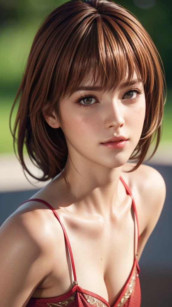 Kasumi, brown eyes, (best quality, ultra-detailed), (realistic:1.37), beautiful and detailed face, ultra-realistic texture, delicate face, delicate body, red lipstick, bright colors. High definition, 8K.