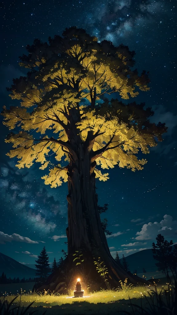 The scene is set in a tranquil countryside, far from the city lights. The night sky is a vast canvas, adorned with countless twinkling stars that shimmer like diamonds. The full moon is prominently positioned, casting a soft, silver glow over the landscape. Its light bathes the surroundings in a gentle luminescence, creating a serene and magical ambiance.
A large, ancient tree stands to the side, its gnarled branches reaching out like protective arms. The leaves rustle softly in the night breeze, adding a sense of calm to the scene. The tree's silhouette is dark against the illuminated sky, creating a striking contrast.
Beneath the tree, a young boy sits cross-legged on a small grassy knoll. He gazes upwards in awe and wonder, his face softly illuminated by the moonlight. His expression is one of pure fascination, lost in the beauty of the celestial display above. The boy's surroundings are slightly shadowed, emphasizing the bright, starry sky.
Nearby, the subtle chirping of crickets and the occasional hoot of an owl contribute to the peaceful atmosphere. The overall mood of the scene is one of quiet contemplation and the boundless wonder of the night sky.