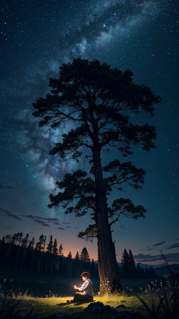 The scene is set in a tranquil countryside, far from the city lights. The night sky is a vast canvas, adorned with countless twinkling stars that shimmer like diamonds. The full moon is prominently positioned, casting a soft, silver glow over the landscape. Its light bathes the surroundings in a gentle luminescence, creating a serene and magical ambiance.
A large, ancient tree stands to the side, its gnarled branches reaching out like protective arms. The leaves rustle softly in the night breeze, adding a sense of calm to the scene. The tree's silhouette is dark against the illuminated sky, creating a striking contrast.
Beneath the tree, a young boy sits cross-legged on a small grassy knoll. He gazes upwards in awe and wonder, his face softly illuminated by the moonlight. His expression is one of pure fascination, lost in the beauty of the celestial display above. The boy's surroundings are slightly shadowed, emphasizing the bright, starry sky.
Nearby, the subtle chirping of crickets and the occasional hoot of an owl contribute to the peaceful atmosphere. The overall mood of the scene is one of quiet contemplation and the boundless wonder of the night sky.