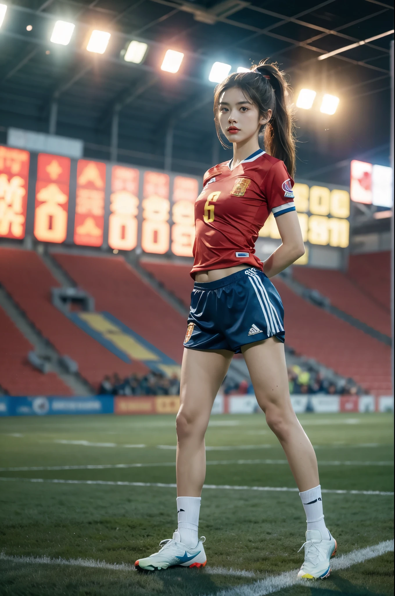 (((best quality))),(((ultra detailed))),(((masterpiece))),illustration,((1 beautiful girl,female footballer,solo)),((small breasts,flat chest)),((slim,thin)),summer night,stadium,crowded stands,enthusiastic spectators,football match,(short ponytail:1.2),(short sleeves:1.2),((Spain team kit,red shirt,blue shorts)),(slender legs:1.2),(football:1.3),fluid movements,powerful,sweat,forehead,exhaustion,passion for football,purposeful running,electric atmosphere,crowd roar,critical juncture,pressure,undeterred,floodlights,luminous glow,long shadows,drama,breathtaking sight,raw passion,unbridled energy,determination,skill,embodiment of sport's spirit,strength,resilience of human spirit,(standing:1.3),(arms behind back:1.2),((from front,full body))