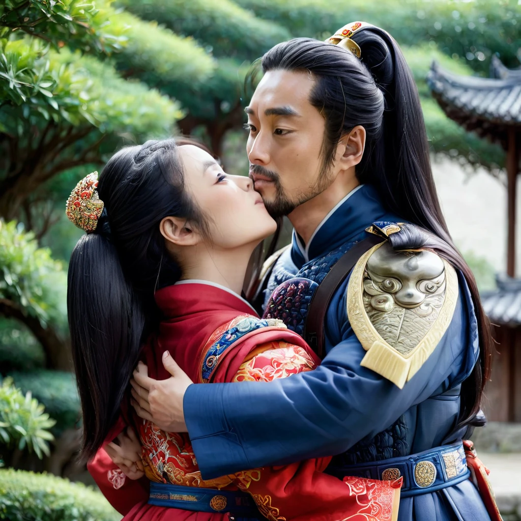 ((Highest quality)), ((masterpiece)), (detailed), （Perfect Face）、The woman is Tiare and has medium-long black hair.、The woman is a beautiful ancient Chinese military commander who was chosen by the emperor and is now a bride at her wedding.、The woman is being held in the arms of the emperor and is happily kissing him as a promise.、The emperor is a man, middle-aged and dignified with a beard.