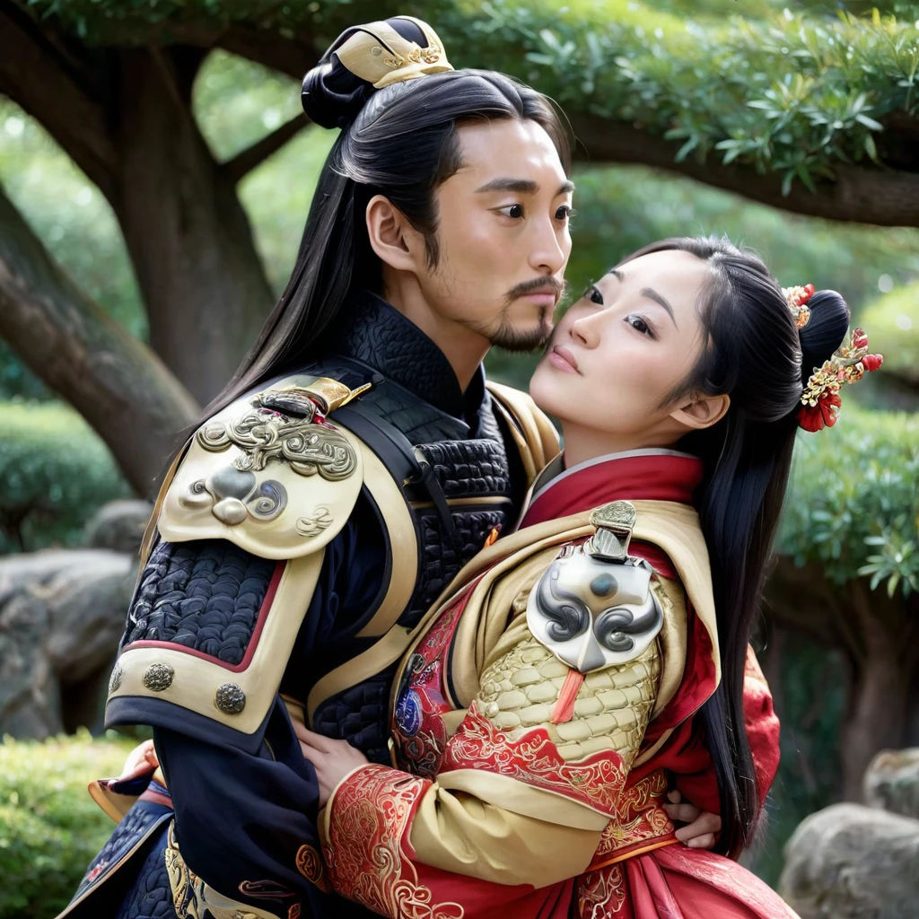 ((Highest quality)), ((masterpiece)), (detailed), (Perfect Face)、The woman is Tiare and has medium-long black hair.、The woman is a beautiful ancient Chinese military commander who was chosen by the emperor and is now a bride at her wedding.、The woman is being held in the arms of the emperor and is happily kissing him as a promise.、The emperor is a man, middle-aged and dignified with a beard.