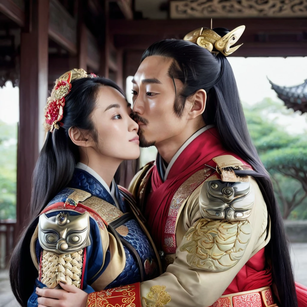 ((Highest quality)), ((masterpiece)), (detailed), (Perfect Face)、The woman is Tiare and has medium-long black hair.、The woman is a beautiful ancient Chinese military commander who was chosen by the emperor and is now a bride at her wedding.、The woman is being held in the arms of the emperor and is happily kissing him as a promise.、The emperor is a man, middle-aged and dignified with a beard.