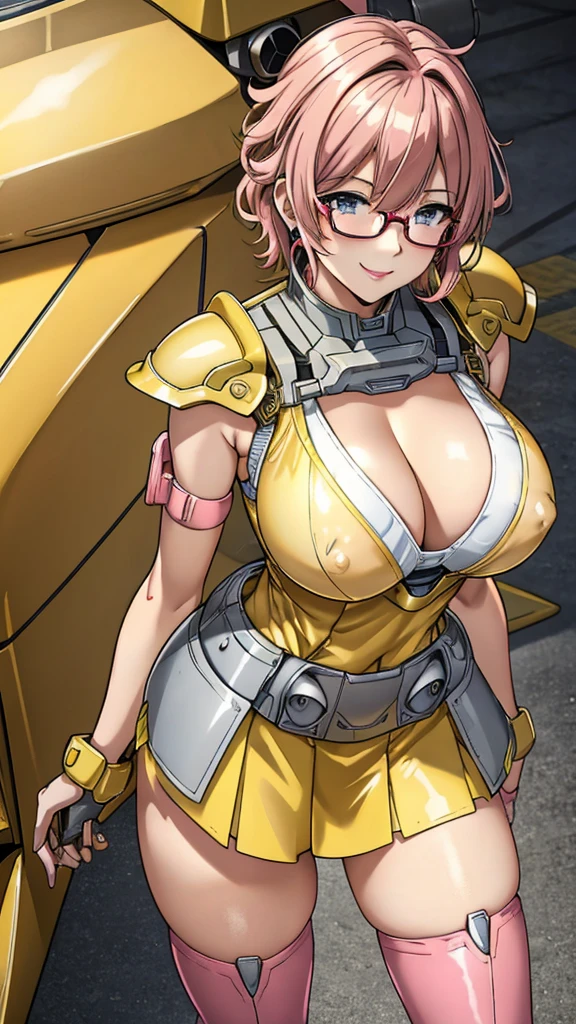 Yellow translucent armor,Arm mecha,Short pink hair,Wavy hair style,Large Breasts,cleavage,Pistol hanging from waist,fighter pilot,fighter hangar,sexly,Lipstick,Gray eyes,stockings,Short skirt,Smile,Red glasses,earrings,lipstick,Nipple showing