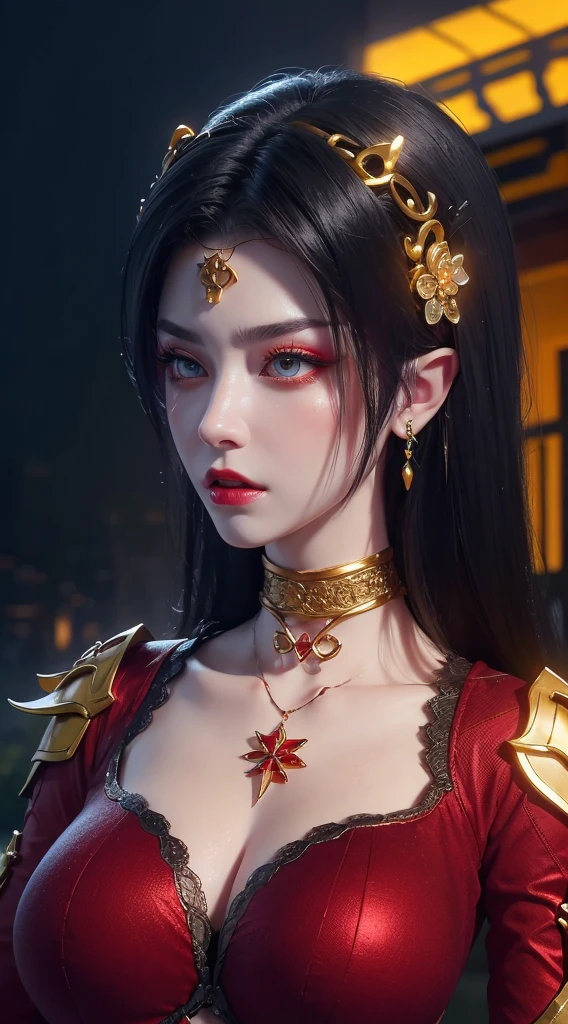 1 very beautiful queen medusha in hanfu dress, thin red silk shirt with many yellow motifs, black lace top, long hair dyed black, beautiful hair jewelry, pretty face pretty and cute, perfect face, earring jewelry, light purple rabbit ears, antique jewelry, big red eyes, sharp eye makeup, meticulous makeup eyelashes, thin eyebrows, nose tall, pretty red lips, no smile, pursed lips, rosy cheeks, wide breasts, big breasts, well-proportioned breasts, slim waist, red mesh stockings with black lace, Chinese hanfu style, fictional art patterns, colors vivid and realistic, RAW photos, realistic photos, ultra-high quality 8k surreal photos, cool photos, (virtual lighting effects: 1.8), 10x pixels, magic effects (background): 1.8), super detailed eyes, beautiful girl body portrait, girl alone, ancient hanfu background, looking directly at the audience, wide original photo, 8k quality, super sharp, detailed and clear picture best, detailed light background,