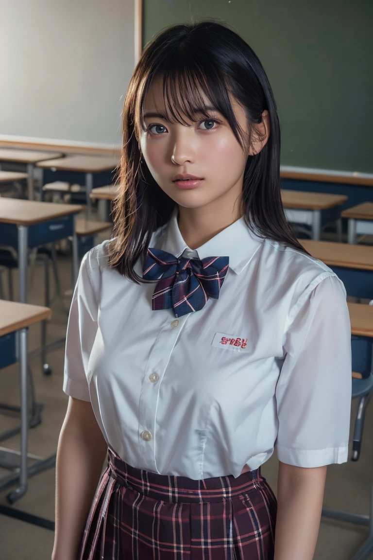 (Highest quality:1.4),(masterpiece:1.4),(Realistic:1.4),(Realistic:1.2),(超High resolution, RAW Photos:1.4),(High resolution, Ultra-detailed:1.2),(8K:1.2),Movie Photos,a photo of a dark-haired,One girl,alone,wear ,Checked skirt,Knee-high,bow tie,Are standing,((Japanese Classroom)),、((Upper Body:1.3))