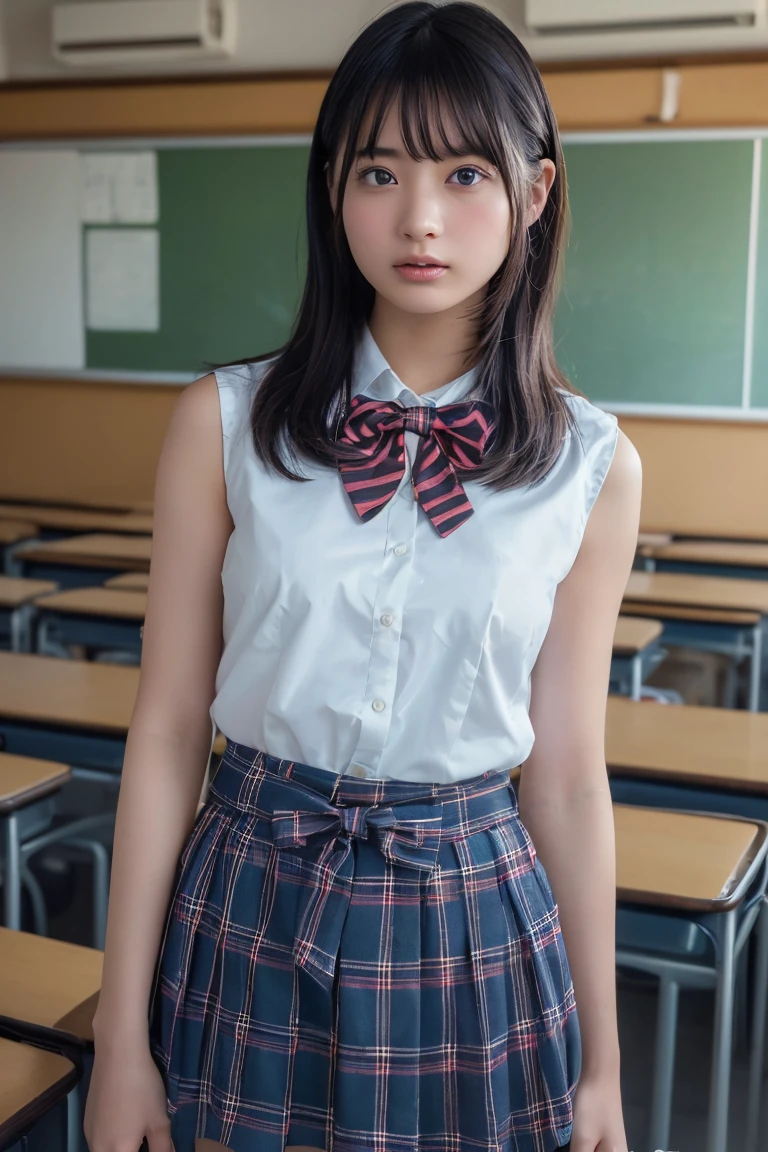 (Highest quality:1.4),(masterpiece:1.4),(Realistic:1.4),(Realistic:1.2),(超High resolution, RAW Photos:1.4),(High resolution, Ultra-detailed:1.2),(8K:1.2),Movie Photos,a photo of a dark-haired,One girl,alone,wear ,Checked skirt,Knee-high,bow tie,Are standing,((Japanese Classroom)),、((Upper Body:1.3))