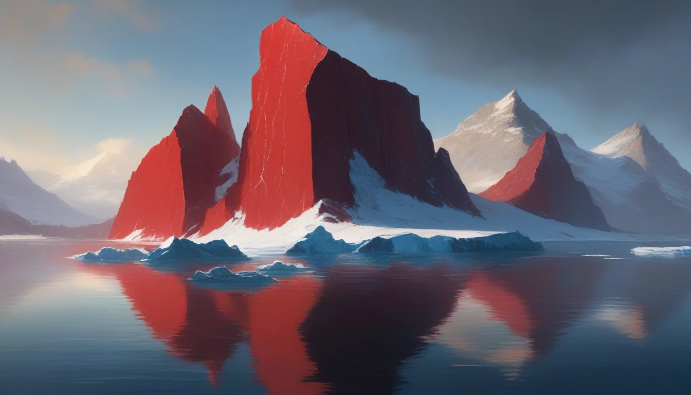 A very random illustration, which doesn't make any sense at all, A red iceberg in the middle of the ocean floating, Cinematically, This disgrace It has to be very realistic as fuck, Il y a très longtemps, dans une époque où les montagnes atteignaient le ciel et les rivières murmuraient des secrets anciens, se dressait la montagne de l'Intégrité