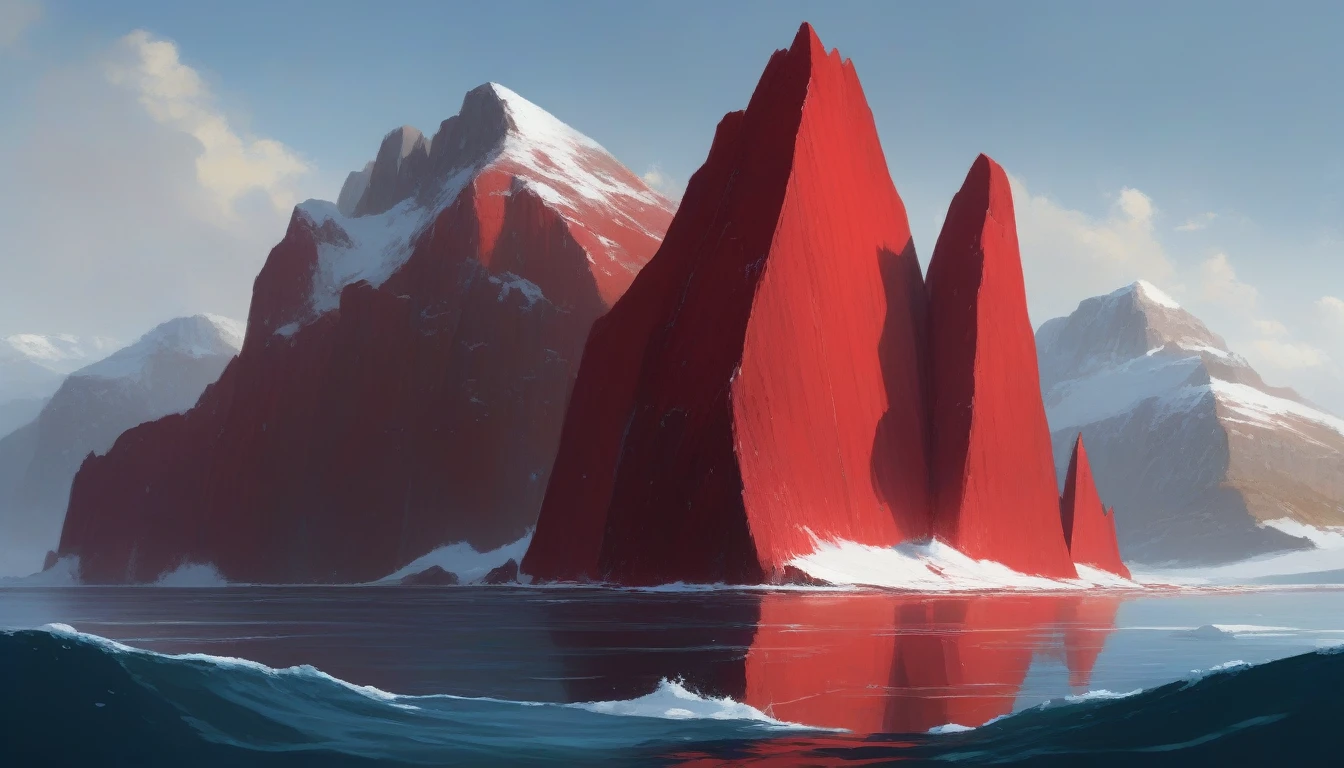 A very random illustration, which doesn't make any sense at all, A red iceberg in the middle of the ocean floating, Cinematically, This disgrace It has to be very realistic as fuck, Il y a très longtemps, dans une époque où les montagnes atteignaient le ciel et les rivières murmuraient des secrets anciens, se dressait la montagne de l'Intégrité