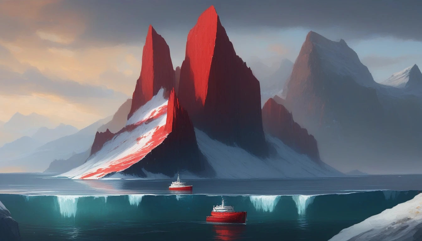 A very random illustration, which doesn't make any sense at all, A red iceberg in the middle of the ocean floating, Cinematically, This disgrace It has to be very realistic as fuck, Il y a très longtemps, dans une époque où les montagnes atteignaient le ciel et les rivières murmuraient des secrets anciens, se dressait la montagne de l'Intégrité