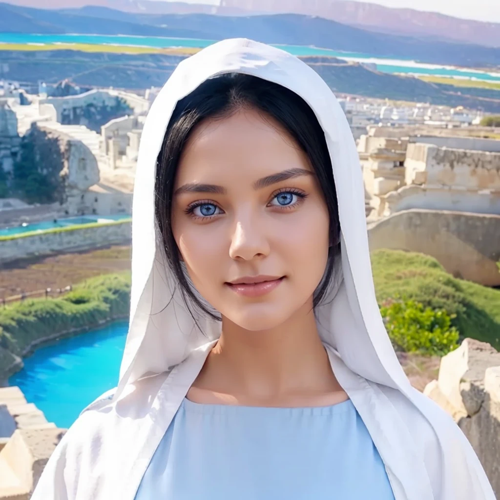 Beautiful woman with light blue eyes, black hair, serene face with a slight smile, wears a white cloak, wears a gray tunic with wide, long sleeves adjusted at the waist by a white sash.