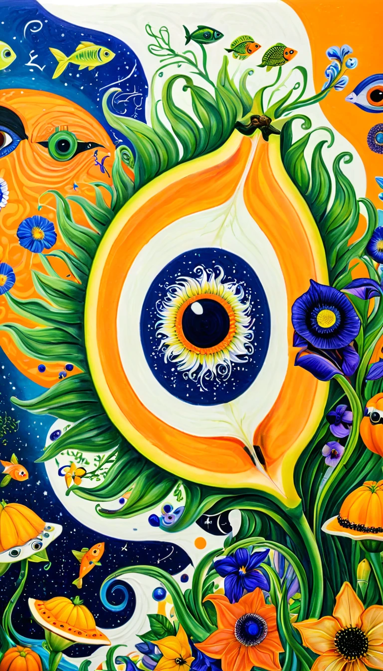 Children's graffiti,Thick coating，Concave and convex texture，Oil pastel strokes：Sliced Papaya、iris、fish、Tentacles、bird、Eye、diatom，Abstract mosaic painting，Describing the inner world of autistic people，Sense of space，White Space，interesting，Innocence，Psychedelic Art，Orange overall