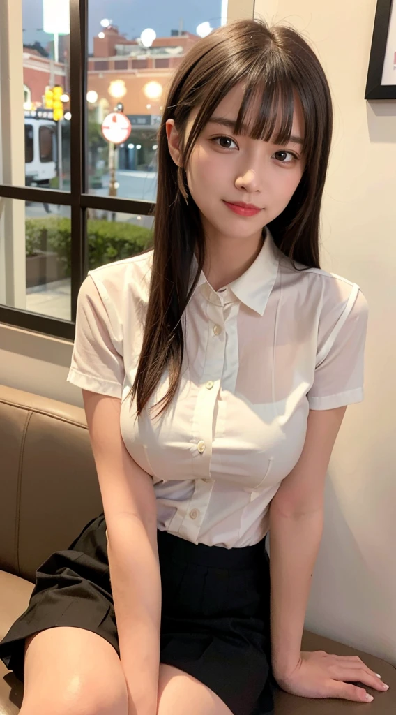 (8k, RAW photo, best quality, masterpiece:1.2), (realistic, photo-realistic:1.37), ultra-detailed, 1 girl,cute, solo,beautiful detailed sky,detailed cafe,night,sitting,dating,(nose blush),(smile:1.1),(closed mouth), medium breasts,beautiful detailed eyes,(collared shirt:1.1), bowtie,pleated skirt,(short hair:1.2),floating hair