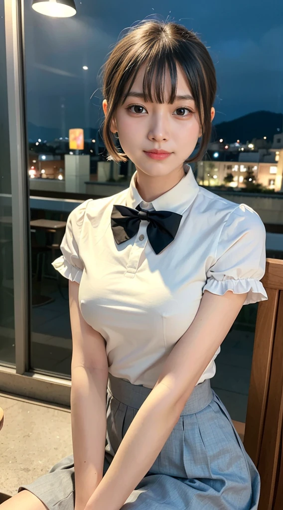 (8k, RAW photo, best quality, masterpiece:1.2), (realistic, photo-realistic:1.37), ultra-detailed, 1 girl,cute, solo,beautiful detailed sky,detailed cafe,night,sitting,dating,(nose blush),(smile:1.1),(closed mouth), medium breasts,beautiful detailed eyes,(collared shirt:1.1), bowtie,pleated skirt,(short hair:1.2),floating hair