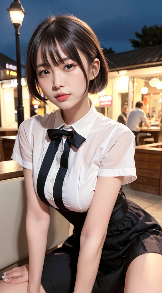 (8k, RAW photo, best quality, masterpiece:1.2), (realistic, photo-realistic:1.37), ultra-detailed, 1 girl,cute, solo,beautiful detailed sky,detailed cafe,night,sitting,dating,(nose blush),(smile:1.1),(closed mouth), medium breasts,beautiful detailed eyes,(collared shirt:1.1), bowtie,pleated skirt,(short hair:1.2),floating hair