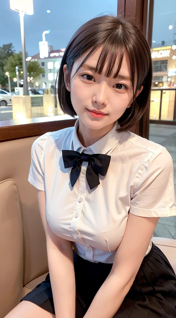 (8k, RAW photo, best quality, masterpiece:1.2), (realistic, photo-realistic:1.37), ultra-detailed, 1 girl,cute, solo,beautiful detailed sky,detailed cafe,night,sitting,dating,(nose blush),(smile:1.1),(closed mouth), medium breasts,beautiful detailed eyes,(collared shirt:1.1), bowtie,pleated skirt,(short hair:1.2),floating hair