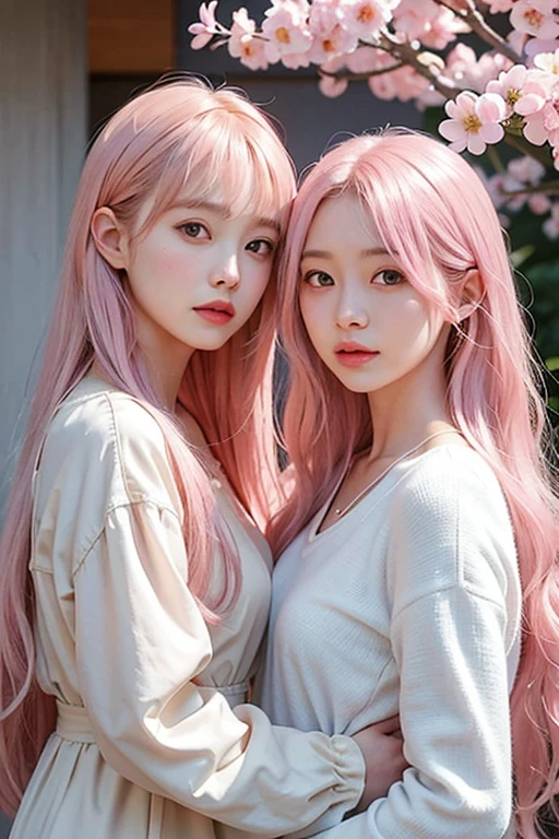 Ai Hoshino, beige pink hair, Blue Hair,Long Hair, favorite , beautiful, Shining Eyes, the stars are reflected in my eyes, Idol, 2By people, 2 girls, Long pink hair