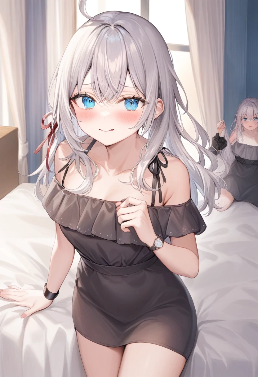 One girl, Alisa Mikhailovna Kujo,Tomorrow, my friend, Arya-san, will be visiting Russia.,alone, Long Hair, Eyebrows visible through hair, Hair between the eyes, Silver Hair, blue eyes, Medium chest, Getting up from bed、Semi-nude、Watch the waking audience,
Highest quality, so beautiful,