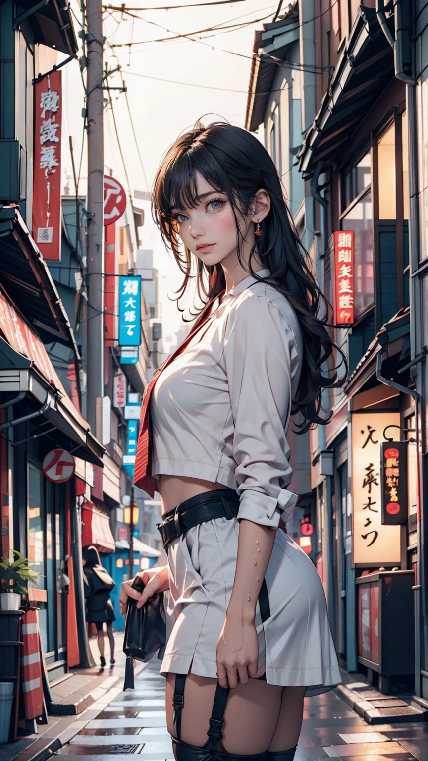(Highest quality, masterpiece: 1.3), One girl, Wet day, fog, alley, Hold an umbrella, Large and transparent umbrella, Looking at the audience, Blue Hair, Towards the photo, サイbarパンクシティ, alone in the alley, neon in the alley, A very reflective city, Long Hair, sized strands going over the alley, bar, Japan, Tokyo, Garter belt on one leg,  Put a knee pad on the other leg, Perfect hands, delicate, night