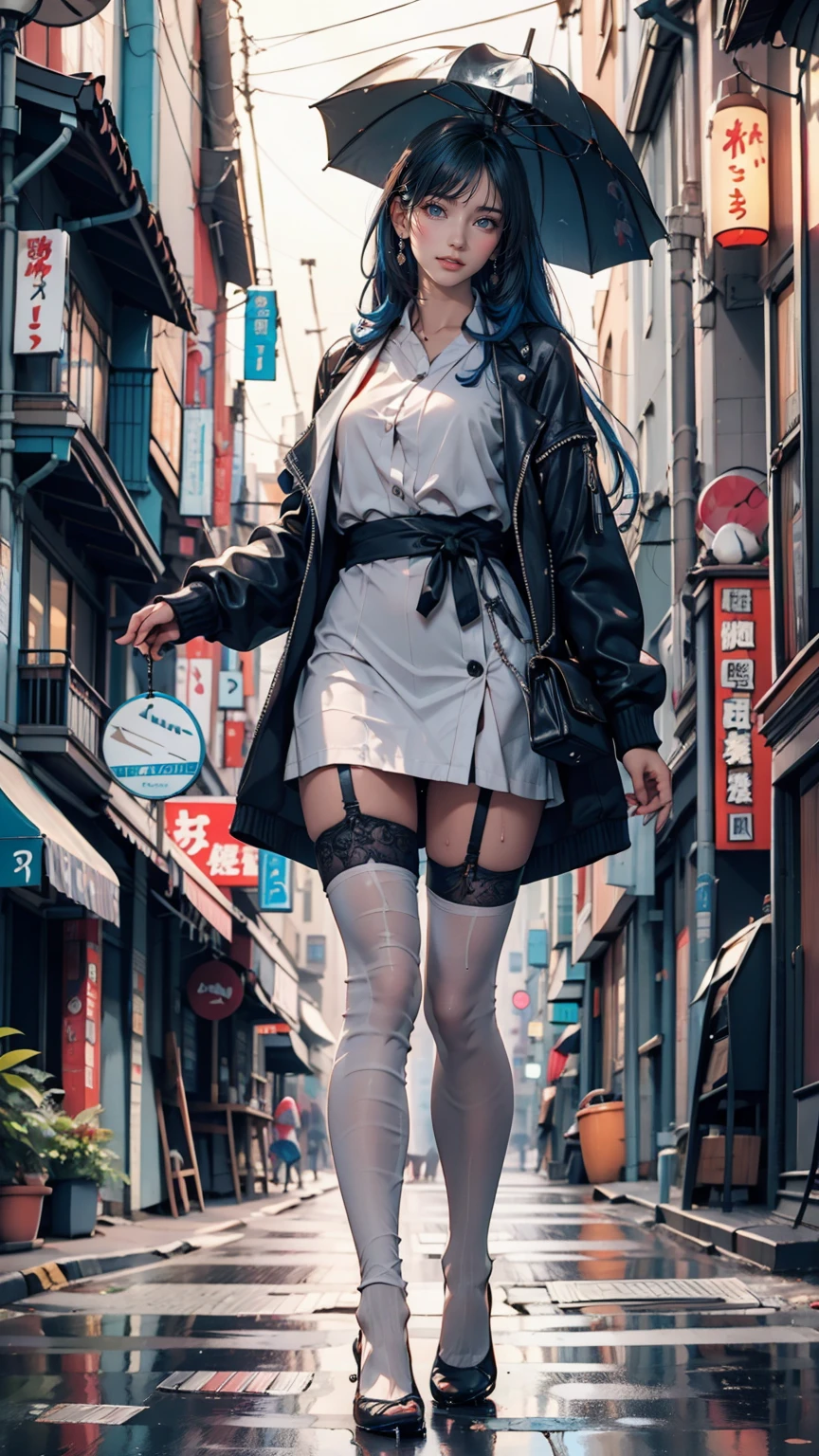 (Highest quality, masterpiece: 1.3), One girl, Wet day, fog, alley, Hold an umbrella, Large and transparent umbrella, Looking at the audience, Blue Hair, Towards the photo, サイbarパンクシティ, alone in the alley, neon in the alley, A very reflective city, Long Hair, sized strands going over the alley, bar, Japan, Tokyo, Garter belt on one leg, Put a knee pad on the other leg, Perfect hands, delicate, night