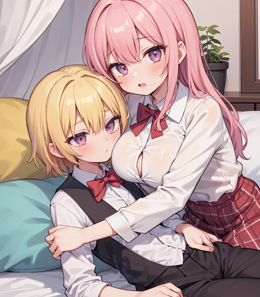 masterpiece, Highest quality, so beautiful, absurdists,High resolution,One girl, One boy,Cuddling in bed, like,sexly,Look at each one, blush,Age difference,bow tie,blondes,chest,Long Hair,Pink Hair,Tucked in shirt,short hair,skirt,Tent shirt,Slut,Big breasted sister and brother,Siblings, trousers,Pushing her big tits against her brother,(My brother's erect penis),((((姉のvery huge breasts,Sister crushes her big tits in her brother's face)))),(((((Very huge breasts))))),(((((small penis,NSFW,Soft Very HUGE breasts))))),((Bursting Breasts,Huge breasts hiding her brother's face)),((((((((Huge Breasts, Large Breasts, Very Large Breasts, Very Large Breasts, Very Large Breasts, Very Large Breasts, Very Large Breasts, Very Large Breasts, Very Large Breasts, Very Large Breasts, Very Large Breasts, Very Large Breasts, Burying Face in Breasts)))))))),Two people gazing at each other,puffy breasts,((Face crushed by tits, huge breasts on brother's body, mouth covered by tits, breasts covering face)),((huge breasts)),soft massive breasts