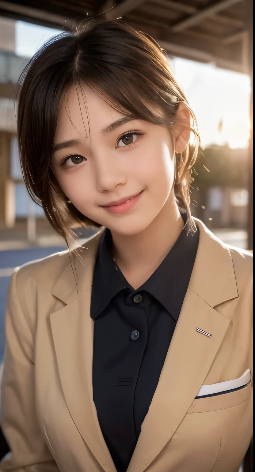 (Highest quality,8K quality,masterpiece:1.3),(Ultra-high resolution,Realistic:1.4,RAW Photos),(Very detailed,Caustics,Detailed Background),(Ultra-Realistic Capture,Fine and beautiful skin,Perfect Anatomy),At dusk,Sunset sky,School building,Schoolyard,18-year-old,cute,single eyelid,Black short bob,School blazer uniform,Looking into the camera,Laughter,Bust up shot,Natural soft light