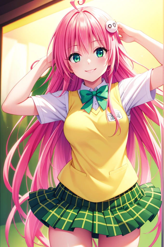 bangs, long hair, green eyes, hair between eyes, hair ornaments, pink hair, Ahoge, Best smile, low person, (white shirt:1.3),  (Yellow vest:1.3), light blue bow tie, Upper body, (Green checked skirt:1.3), highest quality, High resolution, unity 8k wallpaper, (shape:0.8), (beautiful and detailed eyes:1.3), highly detailed face, perfect lighting, Detailed CG, (perfect hands, perfect anatomy), smile, face up