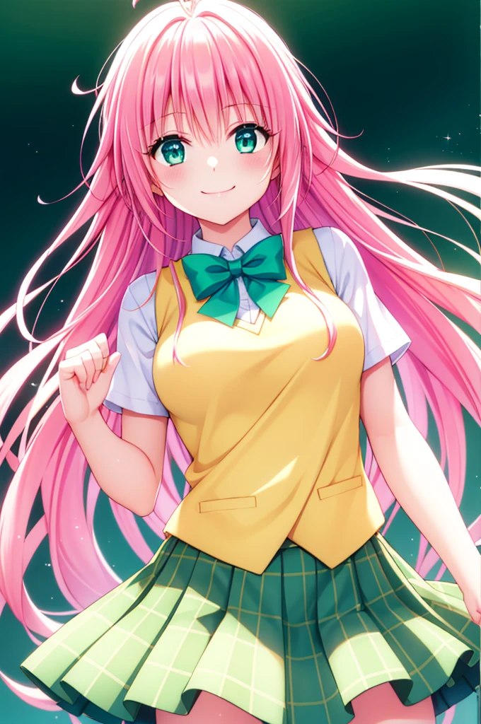 bangs, long hair, green eyes, hair between eyes, hair ornaments, pink hair, Ahoge, Best smile, low person, (white shirt:1.3),  (Yellow vest:1.3), light blue bow tie, Upper body, (Green checked skirt:1.3), highest quality, High resolution, unity 8k wallpaper, (shape:0.8), (beautiful and detailed eyes:1.3), highly detailed face, perfect lighting, Detailed CG, (perfect hands, perfect anatomy), smile, face up