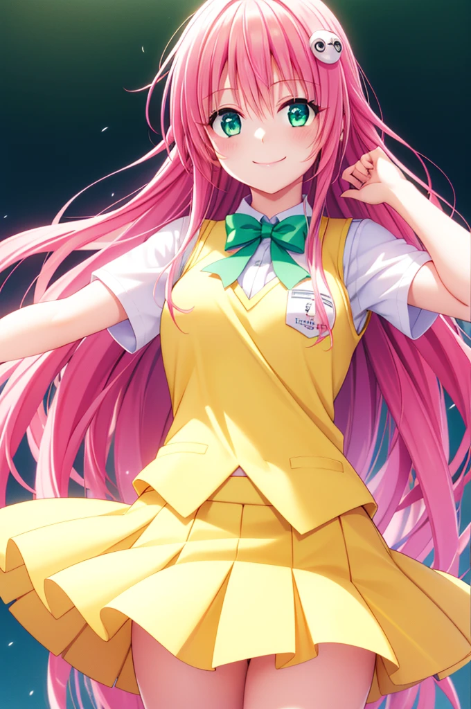 bangs, long hair, green eyes, hair between eyes, hair ornaments, pink hair, Ahoge, Best smile, low person, (white shirt:1.3),  (Yellow vest:1.3), light blue bow tie, Upper body, (Green checked skirt:1.3), highest quality, High resolution, unity 8k wallpaper, (shape:0.8), (beautiful and detailed eyes:1.3), highly detailed face, perfect lighting, Detailed CG, (perfect hands, perfect anatomy), smile, face up