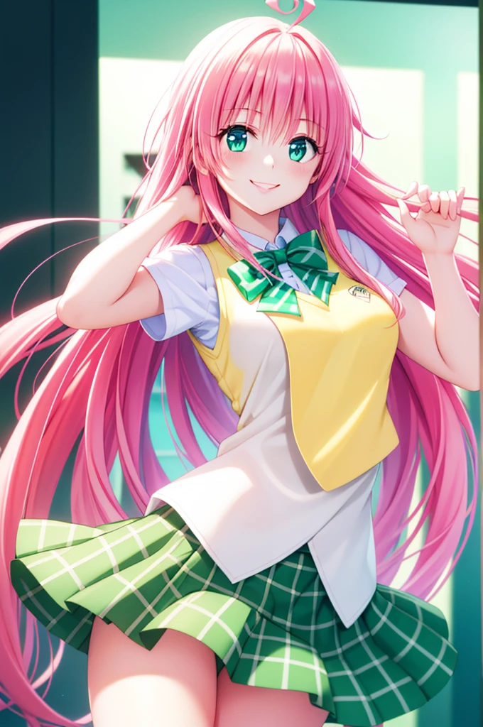 bangs, long hair, green eyes, hair between eyes, hair ornaments, pink hair, Ahoge, Best smile, low person, (white shirt:1.3),  (Yellow vest:1.3), light blue bow tie, Upper body, (Green checked skirt:1.3), highest quality, High resolution, unity 8k wallpaper, (shape:0.8), (beautiful and detailed eyes:1.3), highly detailed face, perfect lighting, Detailed CG, (perfect hands, perfect anatomy), smile, face up