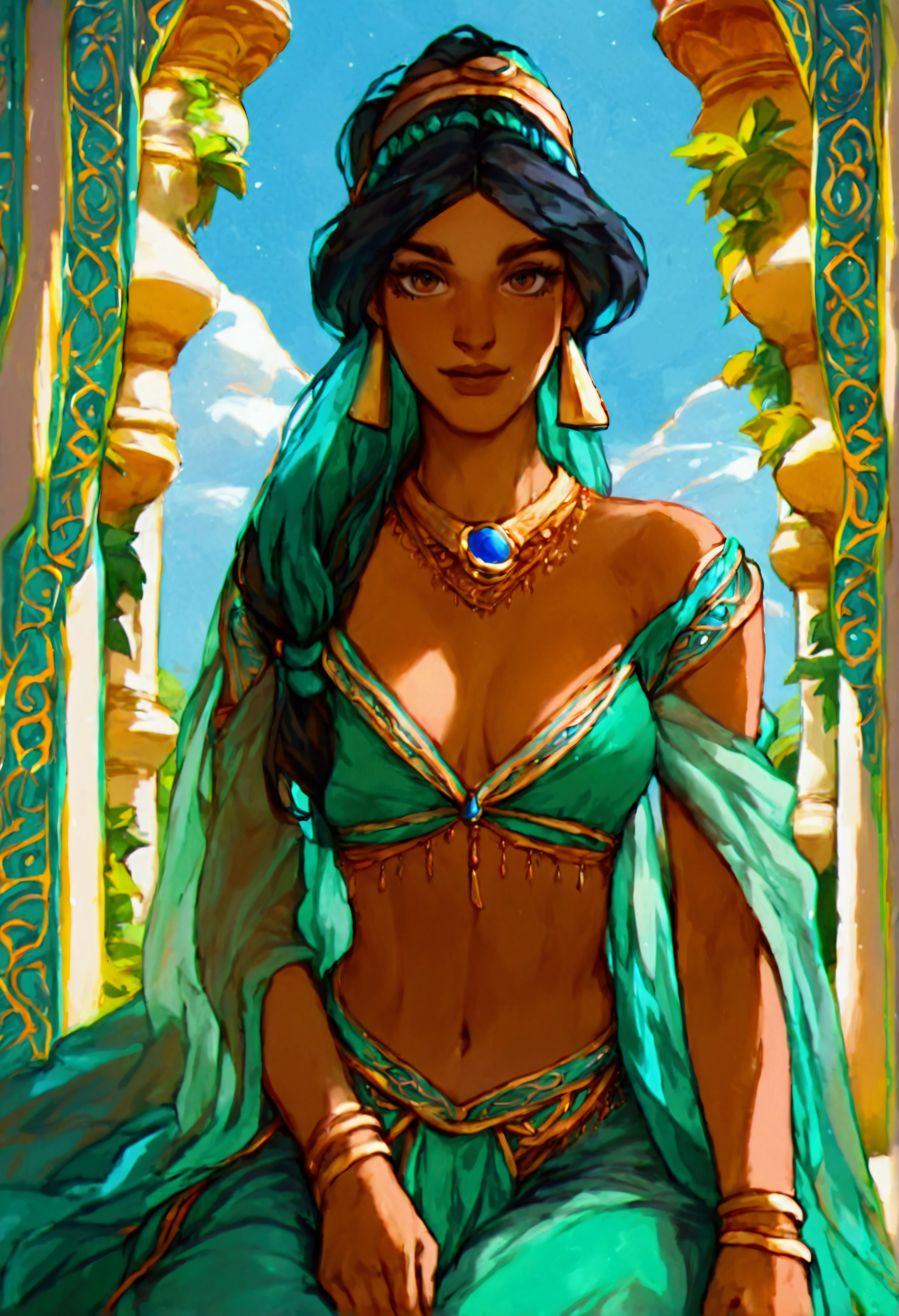 score_9, score_8_up, score_7_up, (solo close-up of Princess Jasmine:1.5) in (dynamic pose:1.0) sitting in (Arabian palace:1.2), dark-skinned (gentle:1.1) beauty, green clothes, (starlit romantic night:1.3), (architecture with intricate design and verdant vegetation:1.1), bright colors, (cartoon artstyle with bold lines:1.3), (warm ambient:1.2), rating_safe.

