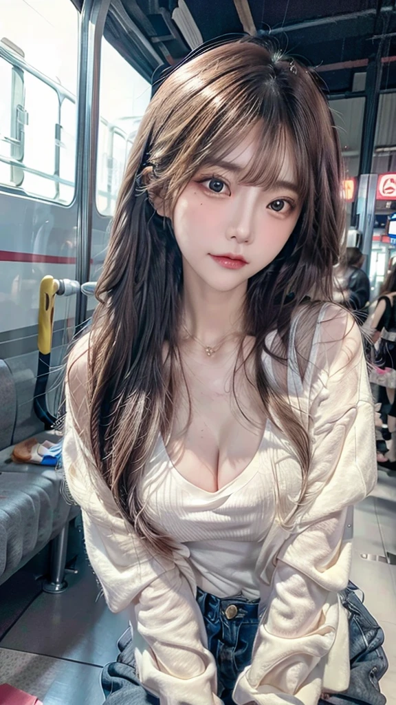 Realistic photos (1 cute Korean star) Reverse hair, light makeup, Middle breast size, Orange polo shirt, At the train station, Canon EOS Clear Facial Features, 16K, High resolution, Sharp and realistic details,  Exposure, interrupt, 超High resolution, High resolution, Highest quality