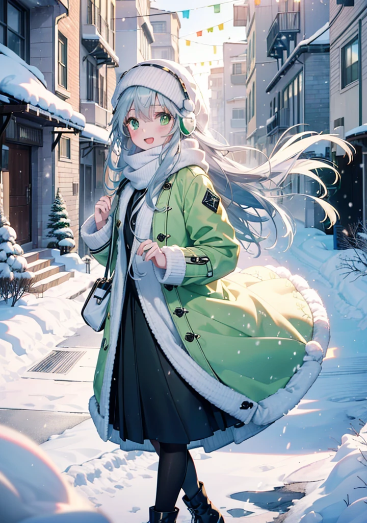 index, index, (Green Eyes:1.5), Silver Hair, Long Hair, (Flat Chest:1.2),happy smile, smile, Open your mouth,Knitted hat,Yellow long coat,White Tokkuri Sweater,Earmuffs,White scarf,Black long skirt,Black pantyhose,short boots,Walking,Snow is piled up,It's snowing,Snow Scene,Shirogane World,night,moonlight,Let the world enter your illustrations,
break looking at viewer, whole body,
break outdoors, Snow Country,Residential Street,
break (masterpiece:1.2), Highest quality, High resolution, unity 8k wallpaper, (figure:0.8), (Beautiful attention to detail:1.6), Highly detailed face, Perfect lighting, Highly detailed CG, (Perfect hands, Perfect Anatomy),