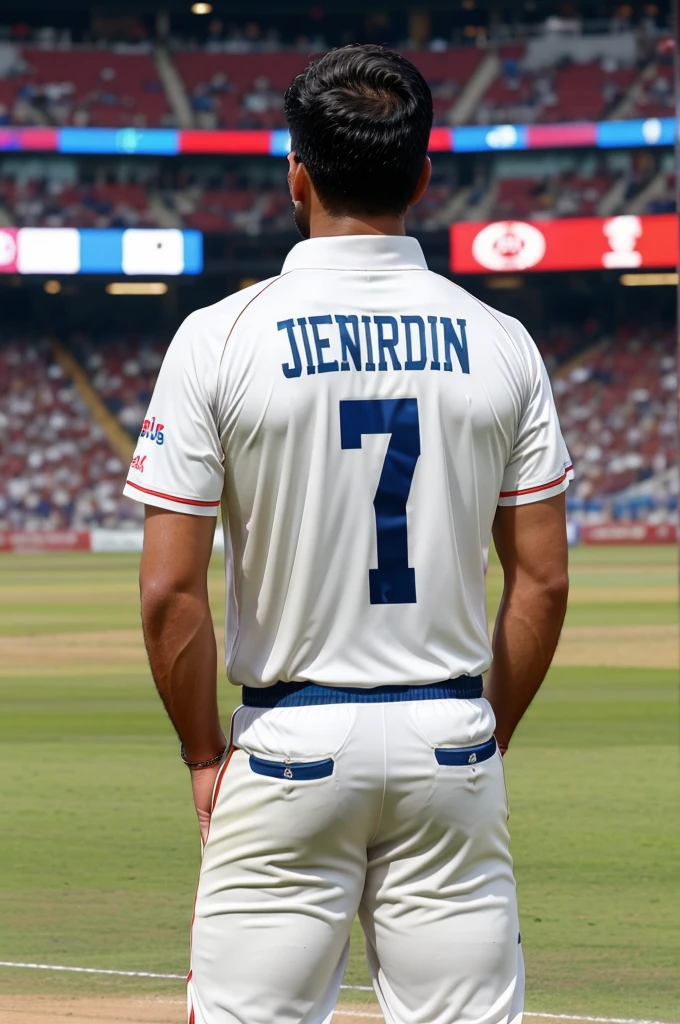 A man waching cricket on tv wearing an Indian jesey 63 number and my name HARENDRA wrote on jersey back