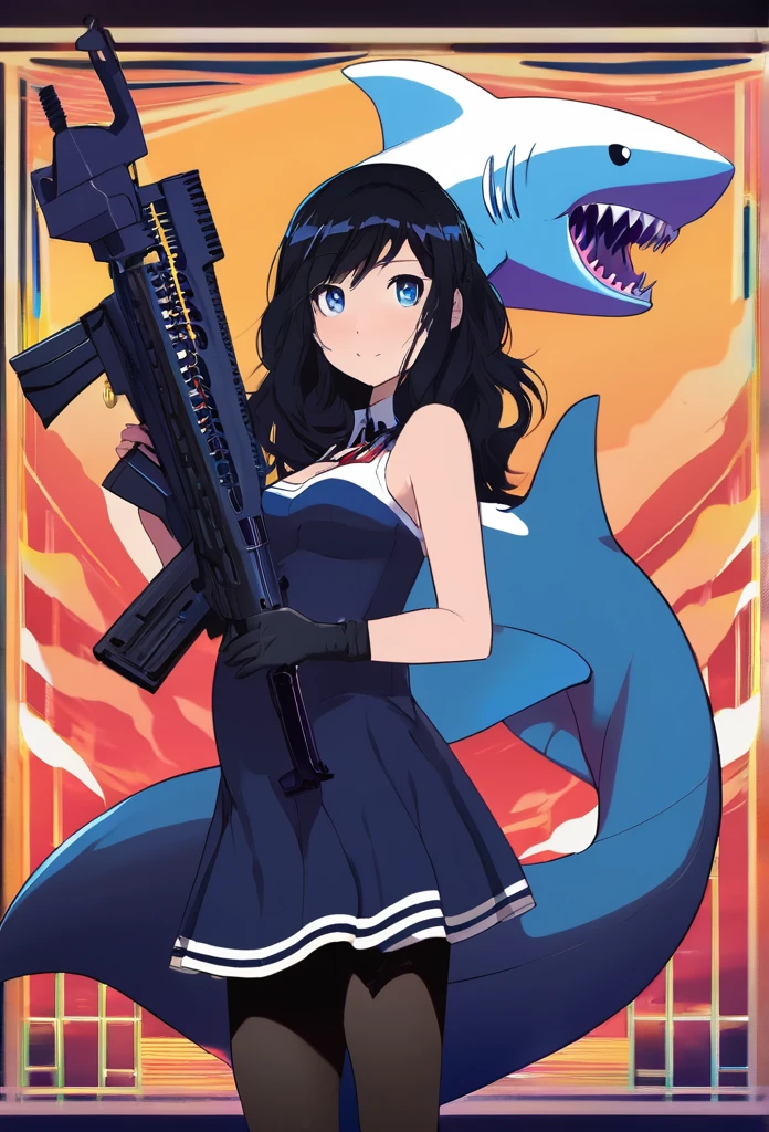 1girl, far view,Pregnant, black hair, wearing a dress with stockings, shark tail, jagged teeth, dark blue eyes, halo, holding a rifle 