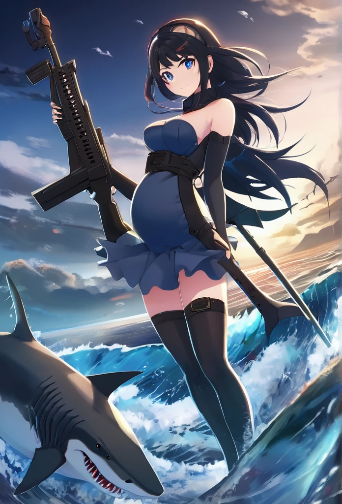 1girl, far view,Pregnant, black hair, wearing a dress with stockings, shark tail, jagged teeth, dark blue eyes, halo, holding a rifle 