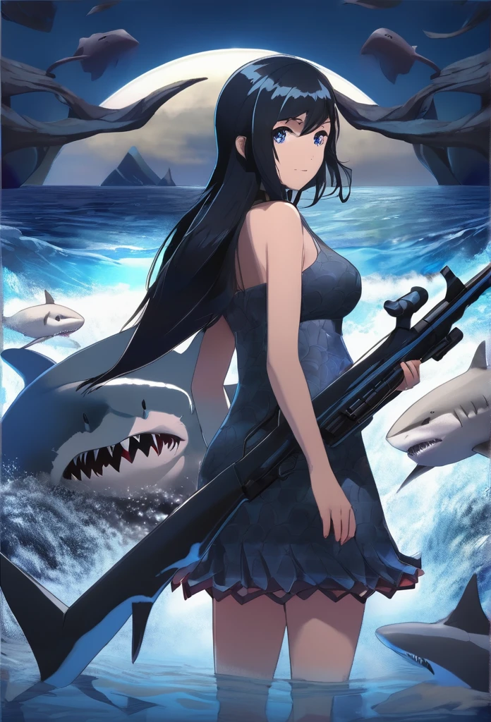 1girl, far view,Pregnant, black hair, wearing a dress with stockings, shark tail, jagged teeth, dark blue eyes, halo, holding a rifle
