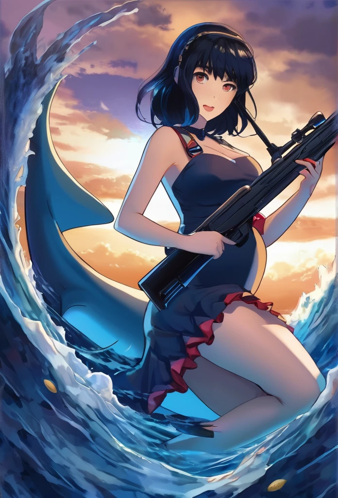 1girl, far view,Pregnant, black hair, wearing a dress with stockings, shark tail, jagged teeth, dark blue eyes, halo, holding a rifle 