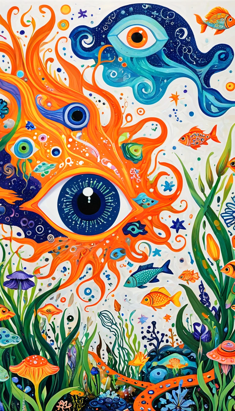 Children's graffiti,Thick coating,Concave and convex texture,Oil pastel strokes:A cloud,、iris、fish、Tentacles、bird、Eye、diatom,Abstract mosaic painting,Describing the inner world of autistic people,Sense of space,White Space,interesting,Innocence,Psychedelic Art,Orange overall